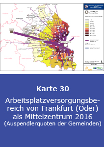 Arbeitsplatzversorgungsbereich von Frankfurt (Oder) als Mittelzentrum 2016 (Auspendlerquoten der Gemeinden)